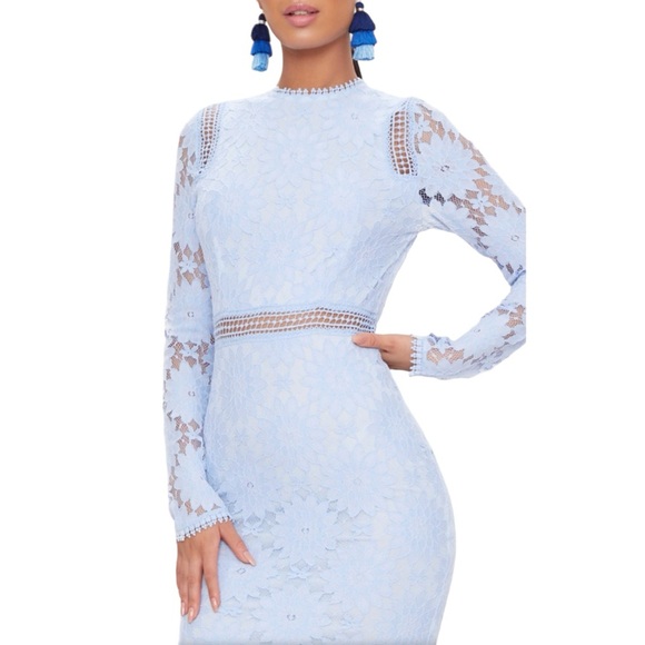 PrettyLittleThing | Dusty Blue Long Sleeve Lace Bodycon Dress - Picture 4 of 17